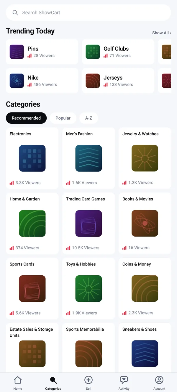 Live shopping app browse screen with trending live categories and real-time viewer counts across electronics, fashion and collectibles