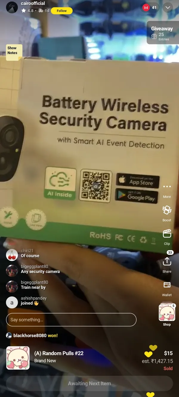 Host going live to sell a product in the seller app with live chat, a pinned product card and instant sold status