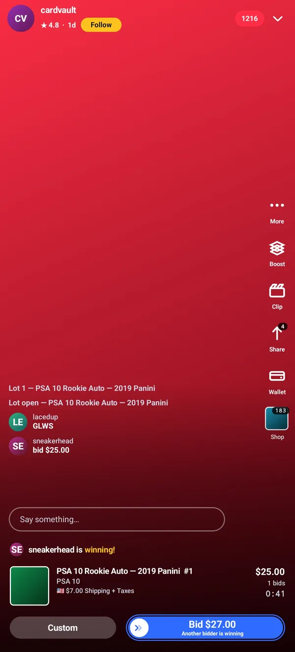 Shopper watching a live auction in the white label live shopping app with real-time bidding, live chat and one-tap buy