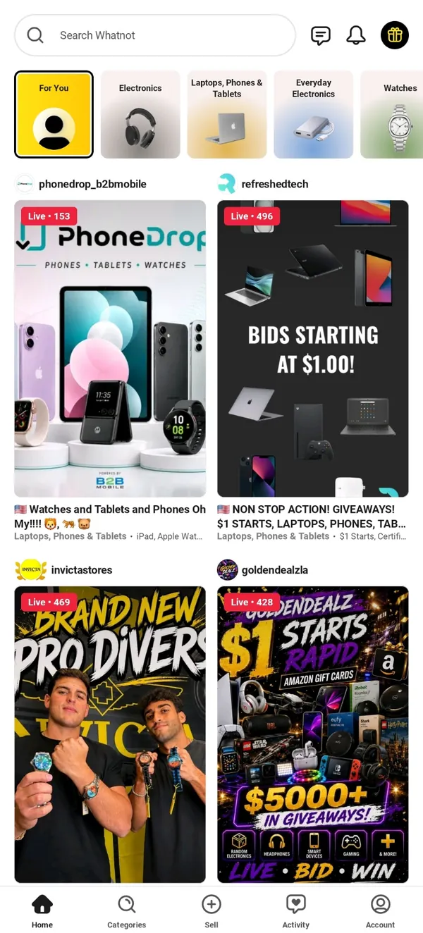 White label live streaming shopping app home feed showing multiple live selling streams with real-time viewer counts and shoppable categories