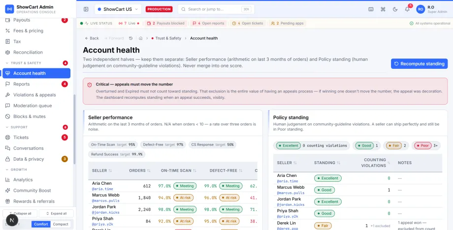 Account health console separating seller performance from policy standing