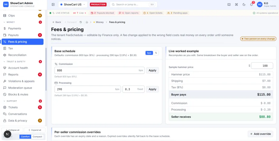 Fees and pricing controls with a live fee breakdown example