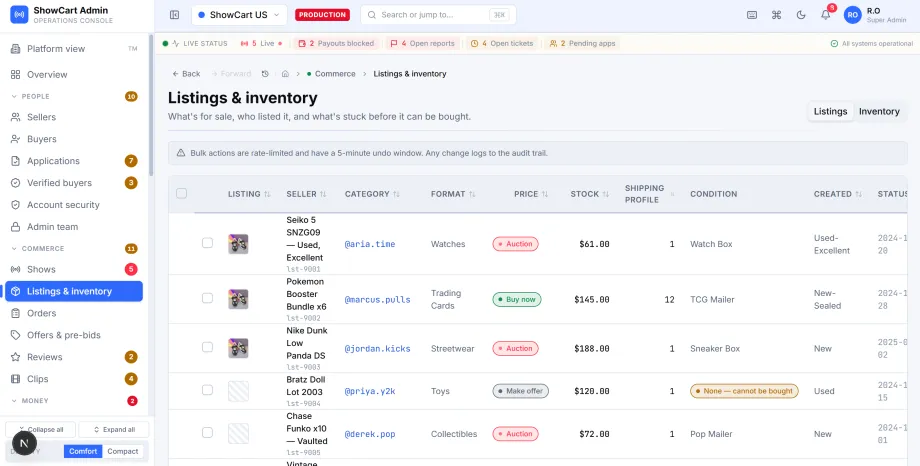 Listings and inventory management across auction, buy-now and offer formats