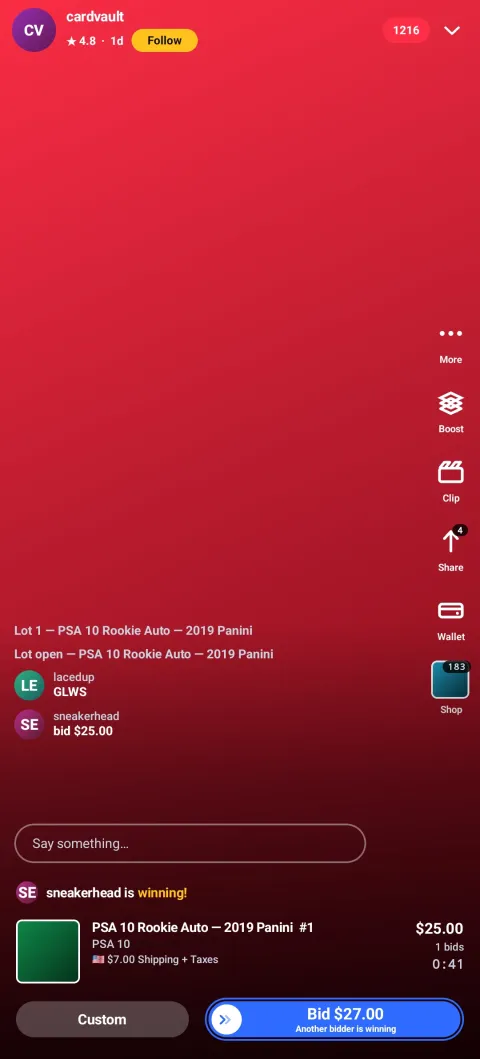 Live auction room with slide-to-bid, live chat overlay and countdown timer