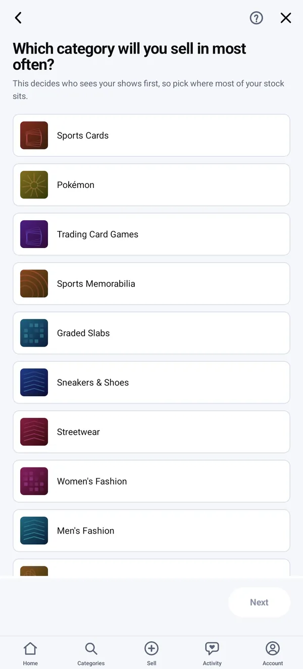 Seller onboarding in the live streaming shopping app choosing a selling category before going live to host a stream