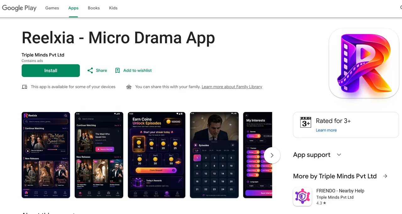 Prebuilt Apps micro-drama app live on a Google Play style store listing, rated 3+ and passing store review