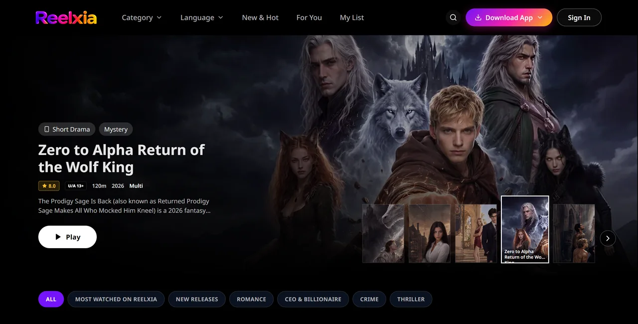 Prebuilt Apps micro-drama web app demo showing the featured short drama and category rails